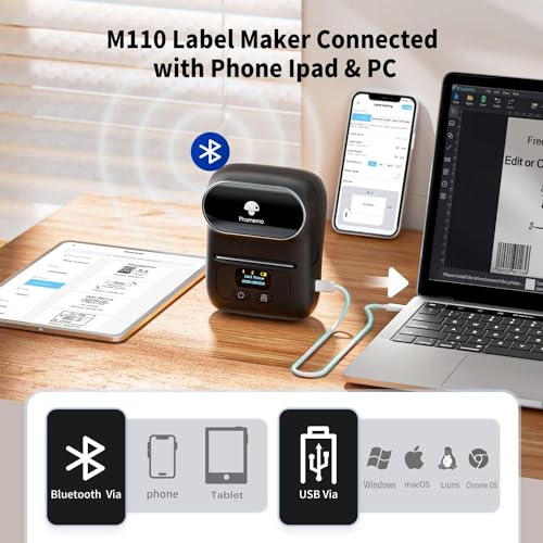 Image of Phomemo M110 Label Maker-Portable Label Sticker Barcode Printer for Jar, PhotoLogo, Address, Mailing, Clothing, Jewelry, Office, Print Black on White, for iOS & Android System