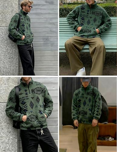 Image of ZAFUL Men 1 /4 Zipper Ethnic Aztec Fleece Unisex Winter Sweatshirt Tops 2026 | Funnel Neck Fluffy Polar Fleece Faux Sherpa Soft Thermal Pullover Kangaroo Pocket Jacket Hoodie Tops