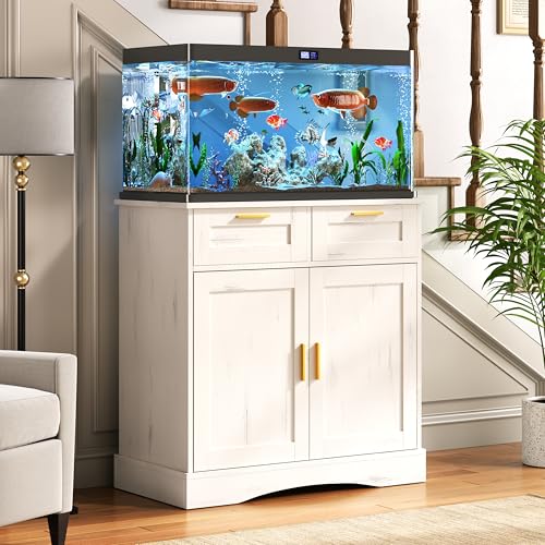 Terroute 20-29 Gallon Fish Tank Stand with Storage Cabinet, Aquarium Cabinet with 2 Drawers for Fish Tank Accessories Storage, 29 Gallon Aquarium Stand, 30.71x 15.75'' Tabletop, Vintage White PTBX01WH
