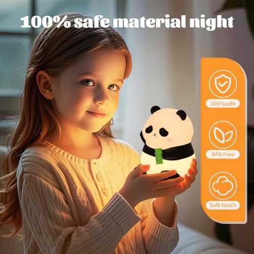 Image of Cute Panda Night Light for Kids, 50-Hour Battery Life Rechargeable Silicone Squishy Lamp, 2 Brightness Settings Tap Control Nursery Light for Baby Room Decor