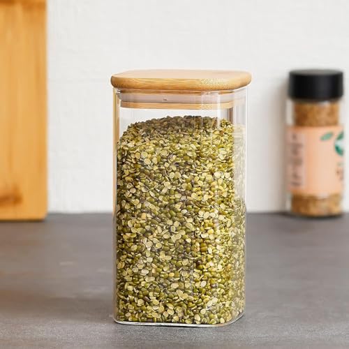 Image of MARTVIA Glass Food Storage Jars With Bamboo Lids 350Ml Set of 6,Wide Mouth Lid Jar For Home Kitchen,Flour,Sugar,Coffee,Pasta,Oats,Grains,Cookies,Snacks (Sqaure,SET OF 6),Transparent