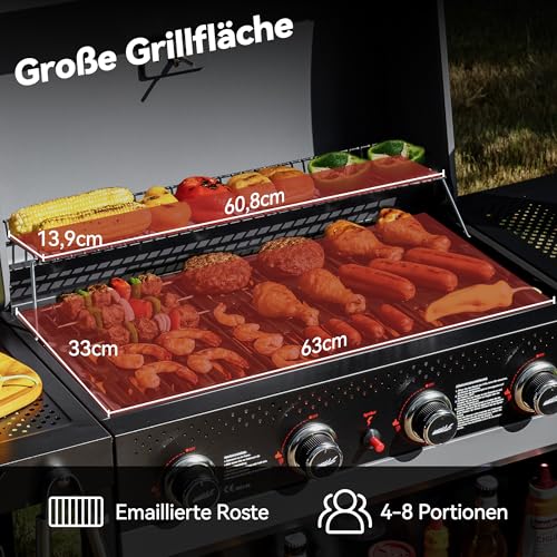 Royal Gourmet 4-Brenner Gasgrill 10 kW Grillwagen mit klappbaren Seitenablagen, Ablagekorb, Outdoor Gasgrill für Balkon, Terrasse, Garten und Camping