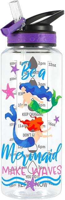 Home Tune 32oz Water Drinking Bottle - Tritan BPA Free, Wide Mouth, Straw Flip Lid, Time Marker, Easy Open, Lightweight, Leak-Proof Water Bottle with Foil Print Design For Girls & Boys - Mermaid