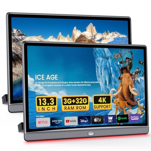 WONNIE 13.3 Inch Android Car TV with WiFi 5G - 4K Headrest Video Player for Back Seat, Portable TV Monitor Support Phone Link Bluetooth FM HDMI USB Airplay (3G Ram 32G ROM)