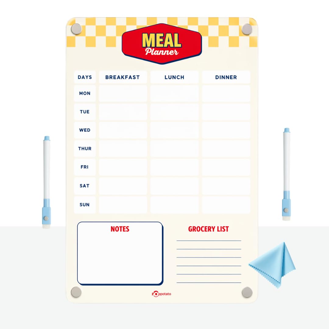 Magnetic Premium A4 Acrylic Weekly Meal Planner for Fridge |Shopping List, Todo Board | Family Chores, Routines, Meal Plan, Notes & Reminders - Yellow