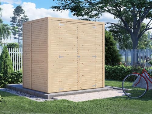 WOODTEX Gerätehaus Geräteschrank Fiete 2 | Rhombusprofil 18 mm Wandstärke | Fichte Massivholz Naturbelassen | Flachdach in Elementbauweise | 208x157x208 cm | 3,12 m² Grundfläche