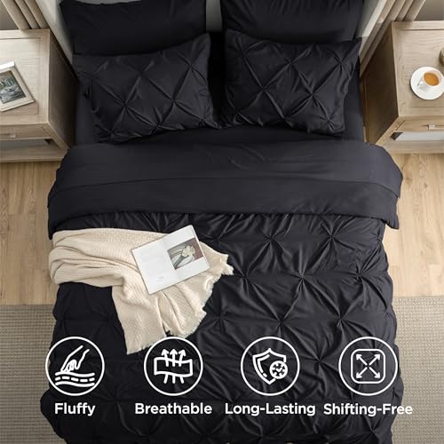 Image of Bedsure Oversized King Comforter Set Black - Bed in a Bag Bedding Set 7 Pieces, GentleSoft Pintuck Bed Set Gift for Family, Pinch Pleat Black Comforter with Sheets, Pillowcases & Shams