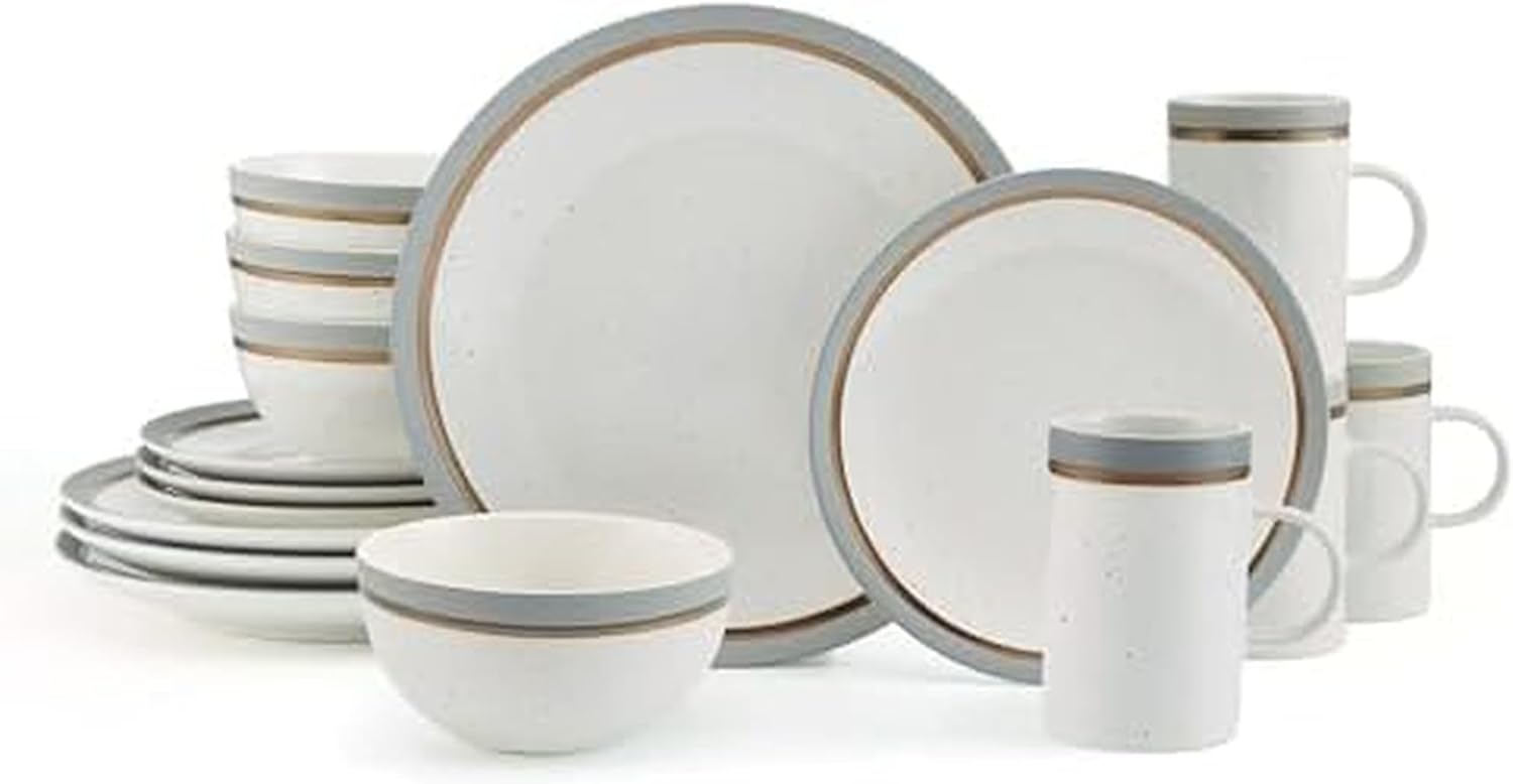 Pfaltzgraff Ezra 16-Piece Stoneware Dinnerware Set - Service for 4, Modern Coupe Minimalist Dinnerware Design - Includes Dinner Plates, Salad Plates, Bowls, Mugs - Microwave & Dishwasher Safe (Grey)
