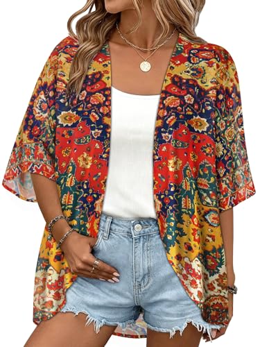 Image of Women Kimono Cardigans Casual Summer Tops Cover up Open Front Floral Print Resort Wear 2026
