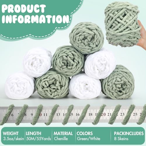 Image of Buryeah 8 Pack Chunky Chenille Yarn for Crocheting Soft Thick Fluffy Yarn for Hand Knitting Bulky Velvet Blanket Plush for Weaving DIY Crafts Each 3.5 oz 55 Yards (White,Green)