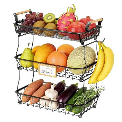 Ribech Corbeille à Fruits à 3 Étages, Panier de Rangement Métallique Multifonction pour Cuisine/Salon, Organisateur de Fruits Légumes Snacks, Design Vintage avec...