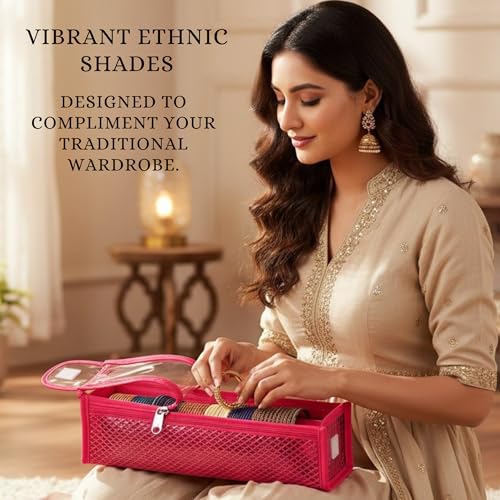 Image of Single Rod Bangle Box for Women | Removable Hardboard Chudi Organizer with Transparent Lid | Jewellery & Watch Storage Case for Home, Wedding & Travel | (Set of 14) (Pink)