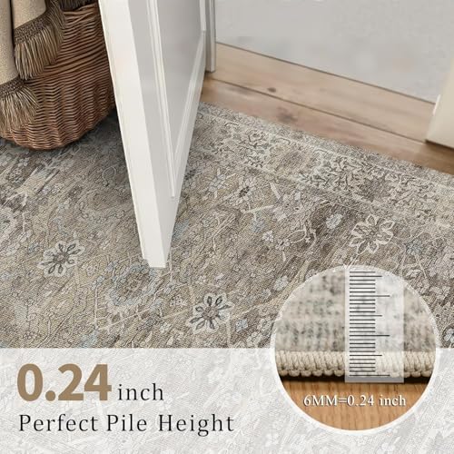 Image of 3x12 Brown Grey Vintage Washable Runner Rugs for Hallway Kitchen Boho Hallway Carpet Low Pile Non-Slip Retro Distressed Accent Throw Rug for Entryway Bathroom Bedroom