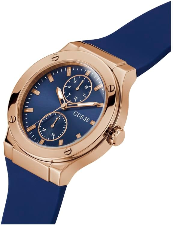 Úhlové view of the GUESS Men's 45mm Multifunction Watch, showing the dial, crown, and pushers.