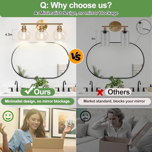 Image of Indoi 3-Light Bathroom Light Fixtures, Brushed Gold Modern Vanity Lights Over Mirror with Clear Glass Globe Shade, Bathroom Wall Sconces for Mirror Kitchen Living Room Hallway Cabinet Bedroom Porch