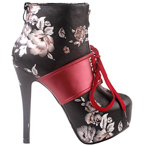 SHOW STORY Retro Black Red Two Tone Flower Print Lace-Up Zip Platform Stiletto Ankle Bootie Boot,LF80857