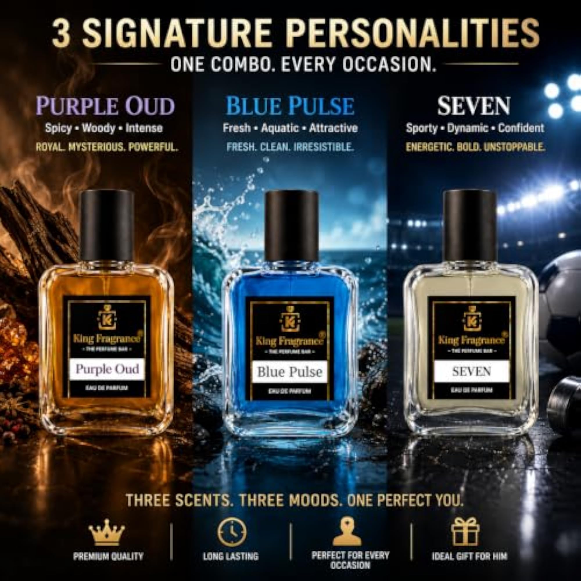 Purple Oud, Blue Pulse & Seven Eau De Parfum Combo for Men, 60ml x 3