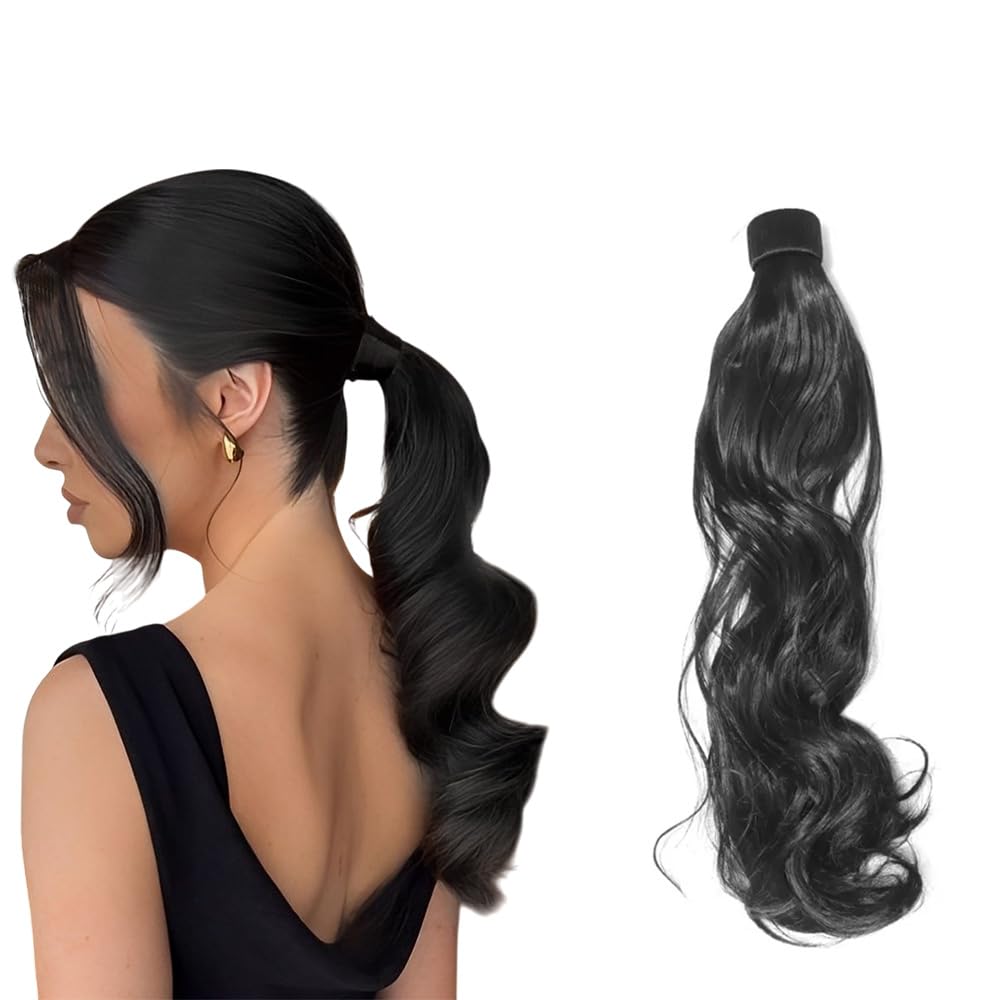 VIEWS Natural Looking Wavy Ponytail Hair Extension - 24 Inch Full Head Long Black Wig for Women (Pack of 1)