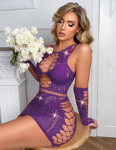 Image of Avidlove Fishnet Lingerie Womens Mesh Chemise One Piece Babydoll Mini Dress Lace Sparkle Rhinestone Lingeries for Women