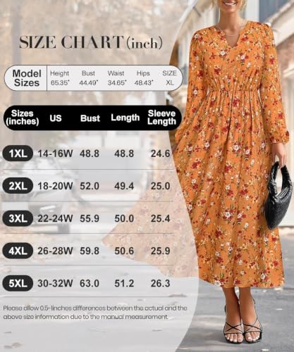 Image of TIYOMI Womens Plus Size Dresses Fall Long Sleeve Maxi Dresses V Neck Floral Spring Party Dress with Pockets XL-5XL (14W-28W)