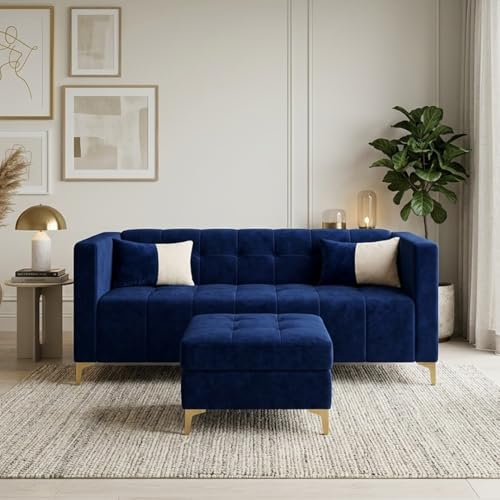 Image of FURNY Homeliving 4 Seater L Shape Sofa Set with Movable Ottoman & Golden Legs | Flexible Left or Right Layout | Plush Velvet Fabric (Dark Blue) | Perfect for Living Room, Guest Room & Office