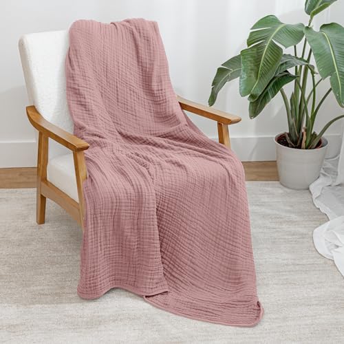 Image of Comfy Cubs Muslin Throw Blanket - 50 inch x 60 inch Quilted Design - Lightweight, Breathable 6-Layer Gauze Fabric - Soft Cotton Blanket for Home or Travel - Packaged in Elegant Gift Box - Mauve
