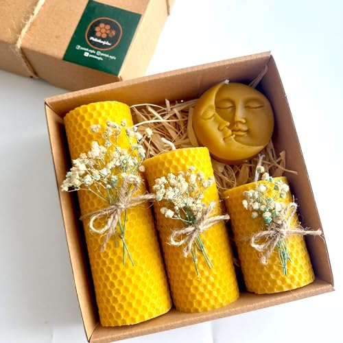 Peteko?lu Candle Beeswax Set of 4 Beeswax Candle Natural Set. Bees Wax Candle Gift Set (Beige Green Floral Moon Sun)