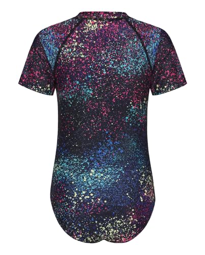 Image of Girls One Piece Rash Guard Swimsuits for Kids Girls Short Sleeve Bathing Suits with Front Zipper Swimwear 3-16 Years