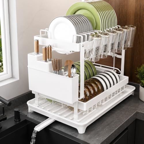Image of HomeCloud 2-Tier Kitchen Dish Drying Rack & Drainer | Large Capacity Dish Stand with 360 Flexible Drainage System, Removable Drip Tray, Cutlery Holder & Cup Organizer for Countertop (White )
