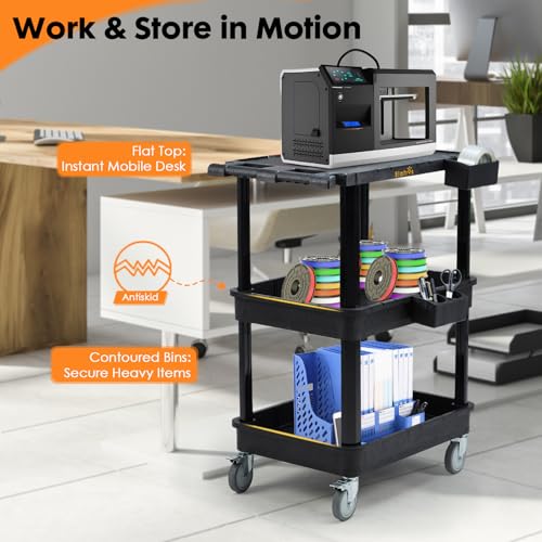Image of ELAFROS 3-Tier Flat Top & Deep Tub Rolling Utility Cart, 27.5 x 18.25 in | 330 lbs Capacity, Heavy Duty Plastic, 4-Inch Wheels, Service Cart, Work Cart, Storage Organizer, Office Workshop Warehouse
