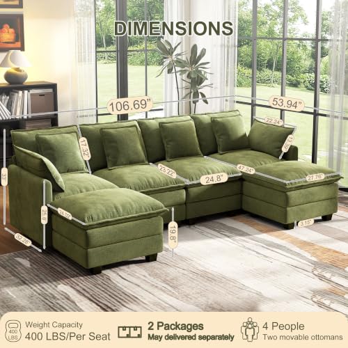 Image of 107 inch Cloud Couch Sectional Modular Sofa, Deep Seat Couches with Ottoman and Removable Washable Pillows for Living Room, Bedroom, Apartment, Green