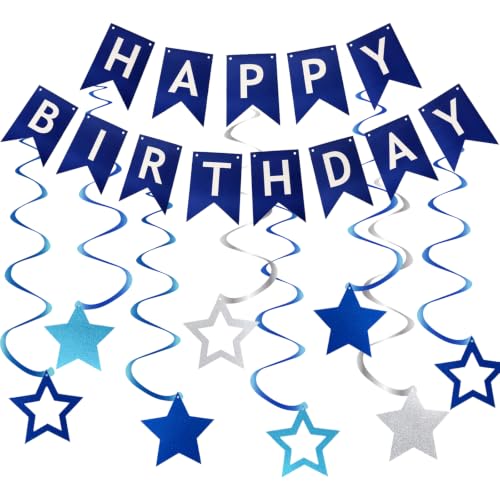 Image of ZHENGYE Blue Happy Birthday Banner Hanging Swirls Star Birthday Party Decoration Supplies