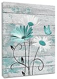 HVEST Farmhouse Floral Wall Art for Living Room, Teal and White Daisy Flower and Butterfly on Rustic Wood Board Canvas Wall Art Framed Artwork Ready to Hang for Bathroom Bedroom Decor, 16L X 12W