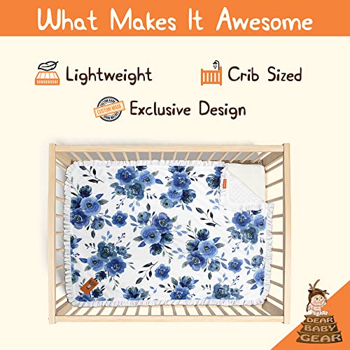 Image of Dear Baby Gear - Reversible Baby Blankets - Soft Nursery Blanket for Newborn - Toddler Blankey - Throw Blanket for Boys & Girls - Infant Blankets - 43x33 (Blue Watercolor Roses on White w /Ruffles)