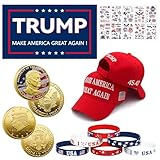 Trump Supporter Set – 3x5 Ft Trump Flag, MAGA Hat, 6 Patriotic Wristbands, 10 Independence Day Tattoos, 2 Trump Victory Coins