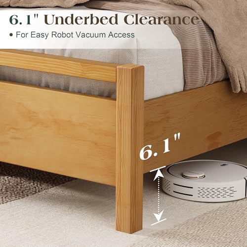 Image of AMERLIFE Queen Size Solid Wood Bed Frame with Headboard, Minimalist Platform Bed with Wood Slats Support /No Box Spring Needed /Easy Assembly /Noise-Free, Natural