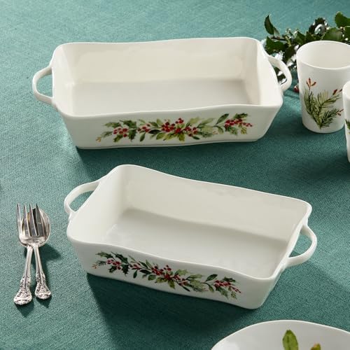 Holly and Vines Large Rectangular Baker, 150 oz Stoneware Casserole Dish for Roasting, Lasagna, Holiday Entrees & Oven-to-Table Serving, Microwave & Dishwasher Safe, Christmas Bakeware - Thumbnail 2