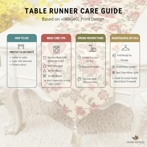 Image of COZY FURNISH Luxury Floral Table Runner for Dining Table - Soft Microfiber Cotton Table Runner with Tassels | Decorative Runner for Kitchen & Centre Table