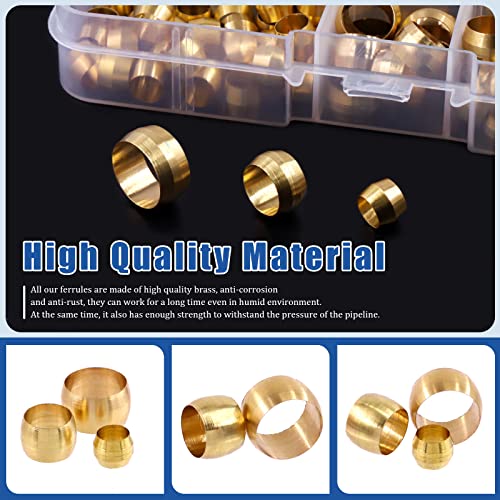 Glarks 105Pcs Tube OD 1/4\" 3/8\" 1/2\" Brass Compression Sleeves Ferrules, 3 Size Brass Compression Fitting Assortment Kit