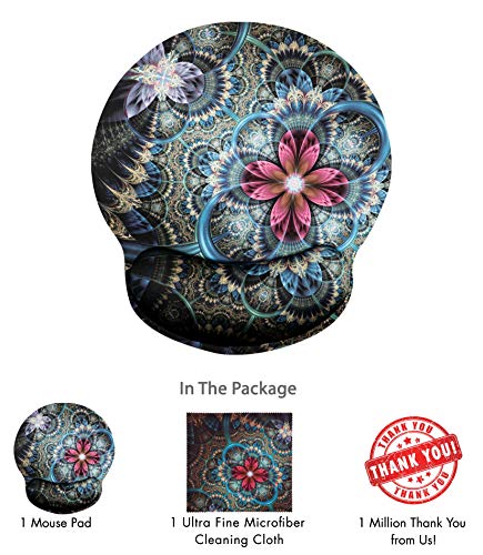 Fantasy Fractal Florals Ergonomic Design Mouse Pad With Wrist Rest Hand Support. Round Large Mousing Area. Matching Microfiber Cleaning Cloth For Glasses & Screens. Great For Gaming & Work #TOP5