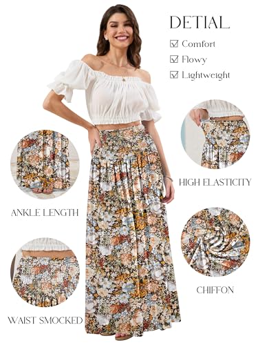 Womens Maxi Skirt High Waist Smocked Boho Flowy Print Casual Floral Long Skirts3