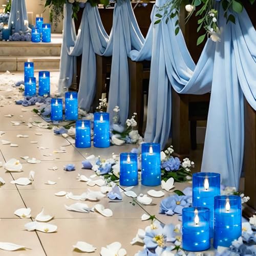 Image of Homemory Flickering Flameless Candles, Blue LED Pillar Candles with Remote
