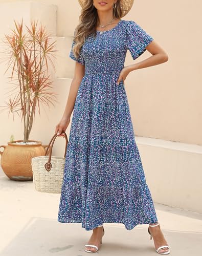 Image of Kranda Women 2025 Summer Fall Crewneck Short Sleeve Smocked Floral Maxi Dress