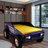 SOFTSEA Twin Size Jeep Bed for Kids, Unlimited Speed Design with LED Lights and 3D Wheels, Safe Round Edge Construction, Sturdy Wooden Frame with Headboard, No Box Spring Required, Fun Blue Car Bed