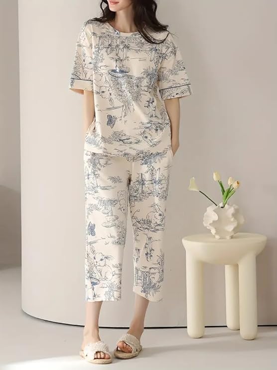 Image of LUXERUDRA Women's Pajama Set, Soft Breathable Korean Style Nightsuit with Top & Full Pants, Lightweight Loose Fit Nightwear & Loungewear for Girls & Women.