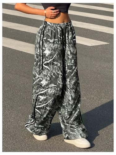 OYOANGLE Women's Camo Cargo Pants Drawstring Waist Side Striped Baggy Wide Leg Trousers Streetwear2