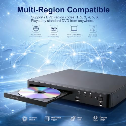 Image of LONPOO Region Free DVD Player for TV 1080P Upscaling HDMI USB MIC Compact