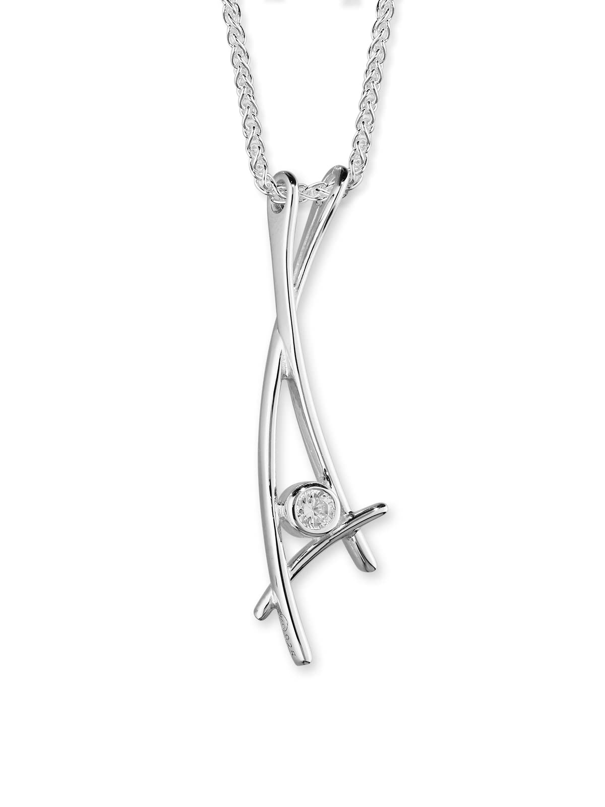 ORTAK 925 Sterling Silver Handmade Pendant Necklace High Polished Featuring Lustering Cubic Zirconia Line Art Design Scottish Fine Jewellery Made In Scotland