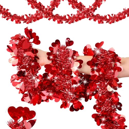 Valentine's Day Decorations - 2M Hanging Valentine's Day Heart Tinsel Garland Metallic Twist Garland Ceiling Hanging Decorations for Valentine's Day Party Anniversary Wedding Arrangement