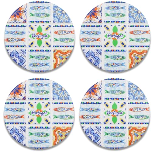 Set of 4 Portuguese Ceramic Coasters with Cork Backing – Colorful Sardine Tile Design